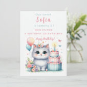 キュートパステルキッテンお誕生日ケーキ誕生日 招待状 (スタンド正面)