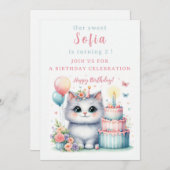 キュートパステルキッテンお誕生日ケーキ誕生日 招待状 (正面/裏面)