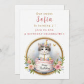 キュートパステルキッテンお誕生日ケーキ-誕生日 招待状 (正面/裏面)