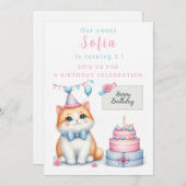 キュートパステルキッテンお誕生日ケーキ-誕生日 招待状 (正面/裏面)