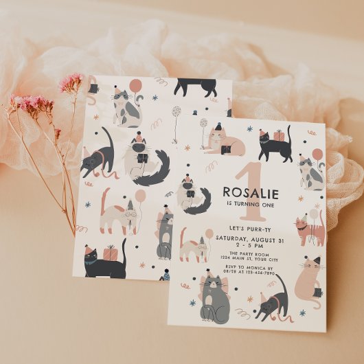 キュートパステルキャットガールズファースト誕生日招待状 招待状