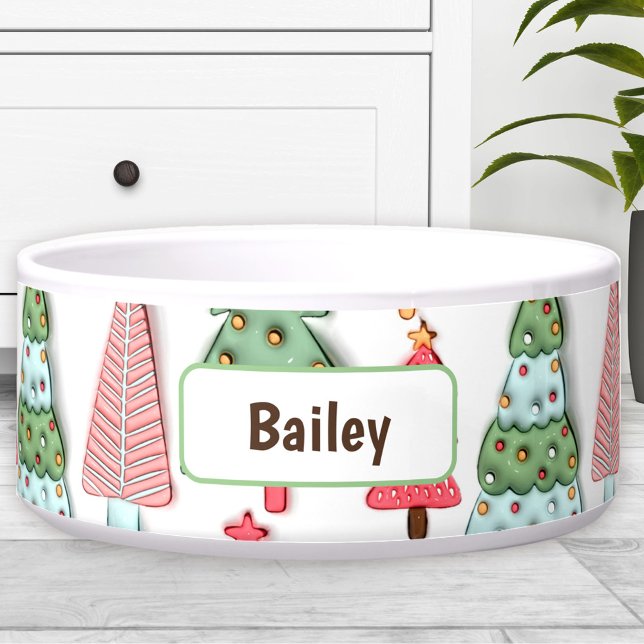 キュートパステルクリスマスツリー名前をカスタムするドッグペット ボウル (Cute Pastel Christmas Tree Custom Name Dog Pet Bowl)