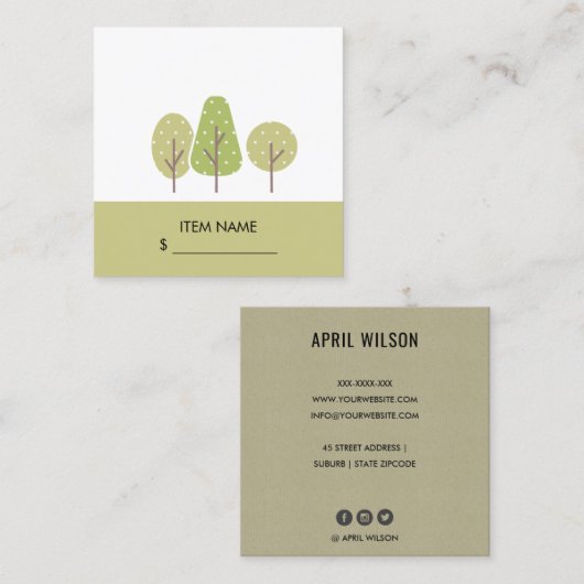 キュートパステルグリーンツリートリオ造園価格ラベル スクエア名刺 (正面/裏面)