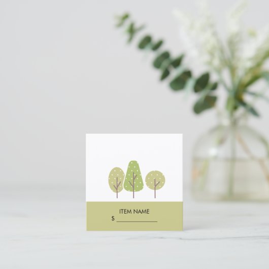 キュートパステルグリーンツリートリオ造園価格ラベル スクエア名刺 (スタンド正面)
