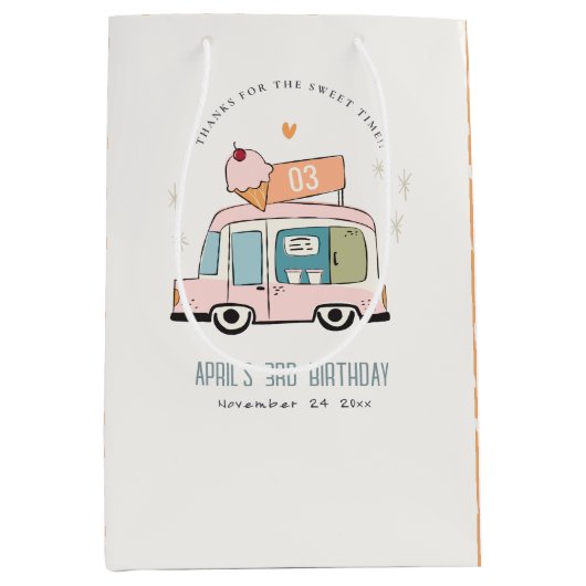 キュートパステルスイートタイムアイスクリームトラック誕生日 ミディアムペーパーバッグ (正面)