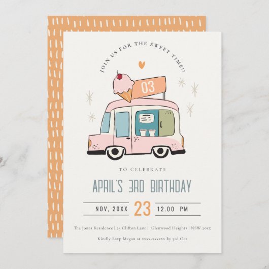 キュートパステルスイートタイムアイスクリームトラック誕生日 招待状 (正面/裏面)