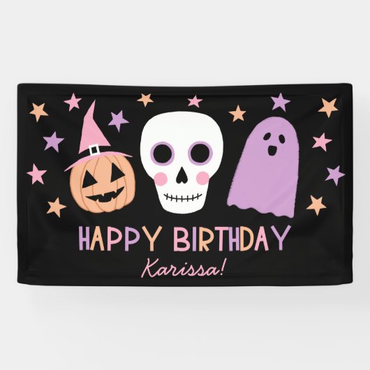 キュートパステルスカル幽霊ハロウィーン誕生日名 横断幕 (横)