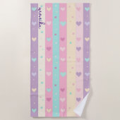 キュートパステルストライプハート水玉模様モノグラム ビーチタオル (正面)