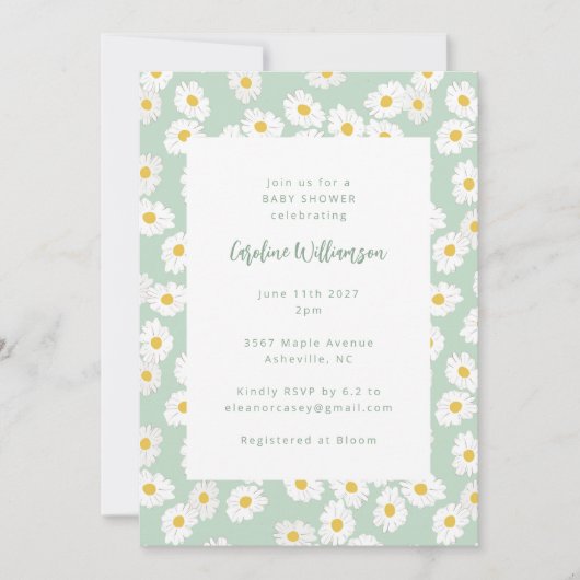 キュートパステルセージグリーンデイジーフローラベビーシャワー 招待状 (正面)