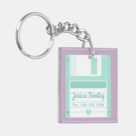 キュートパステルティール(緑がかった色)レトロフロッピーディスクカスタム キーホルダー (正面左)