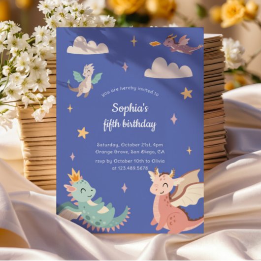 キュートパステルドラゴンズ子供の誕生日パーティー 招待状