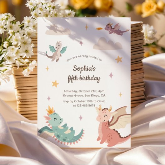 キュートパステルドラゴンズ子供の誕生日パーティー 招待状