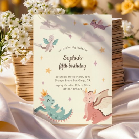 キュートパステルドラゴンズ子供の誕生日パーティー 招待状