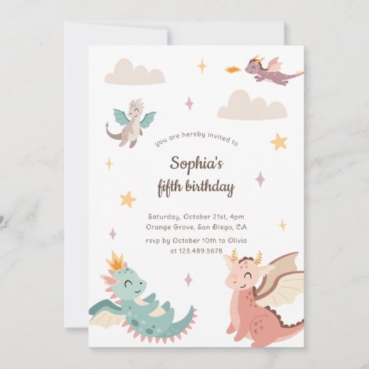キュートパステルドラゴンズ子供の誕生日パーティー 招待状 (正面)