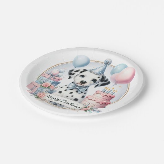 キュートパステルパピーダルマチアン誕生日 ペーパープレート (アングル)