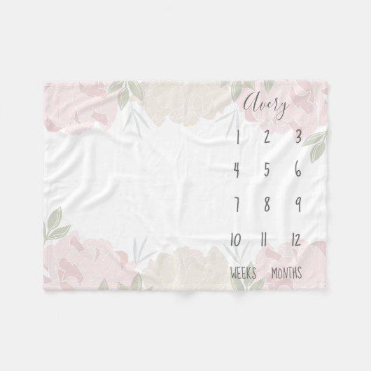 キュートパステルピンクペオニーフローラベビーマイルストーン フリースブランケット (正面(横))