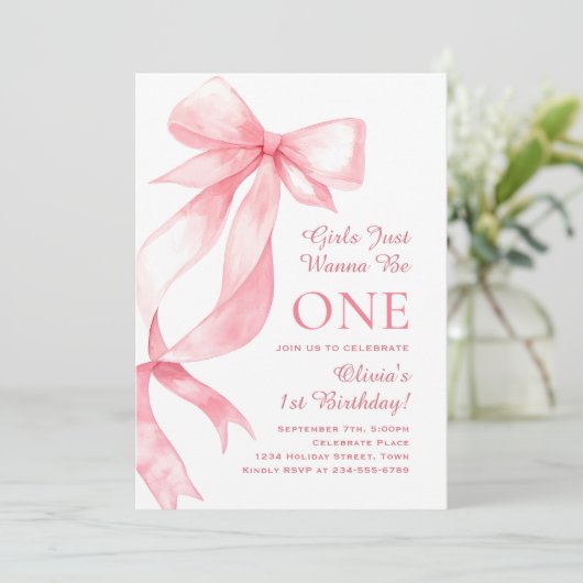 キュートパステルピンクボウコケットベビーガール誕生日 招待状 (スタンド正面)