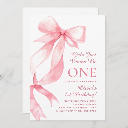 キュートパステルピンクボウコケットベビーガール誕生日 招待状 (正面/裏面)