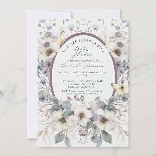 キュートパステルフラワーバタフライラベンダーイエローベビー 招待状 (正面)