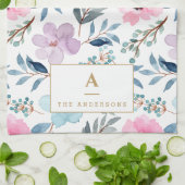 キュートパステルブルーウォーターカラーフラワーズモノグラム  キッチンタオル (折り畳み)