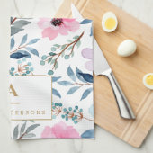 キュートパステルブルーウォーターカラーフラワーズモノグラム  キッチンタオル (四つ折り)