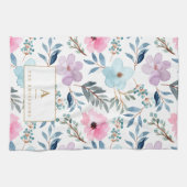 キュートパステルブルーウォーターカラーフラワーズモノグラム  キッチンタオル (横)