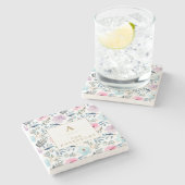 キュートパステルブルーウォーターカラーフラワーズモノグラム ストーンコースター (横)