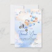 キュートパステルブルーブラウンベビーベアオン飛行機 サンキューカード (正面)