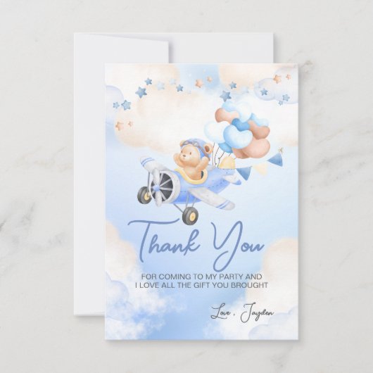 キュートパステルブルーブラウンベビーベアオン飛行機 サンキューカード (正面)