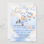 キュートパステルブルーブラウンベビーベアオン飛行機 招待状 (正面)