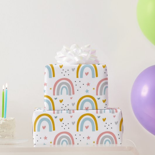 キュートパステルブルー赤面ティール（緑がかった色）ボホレインボーハート ラッピングペーパー (パーティーギフト)