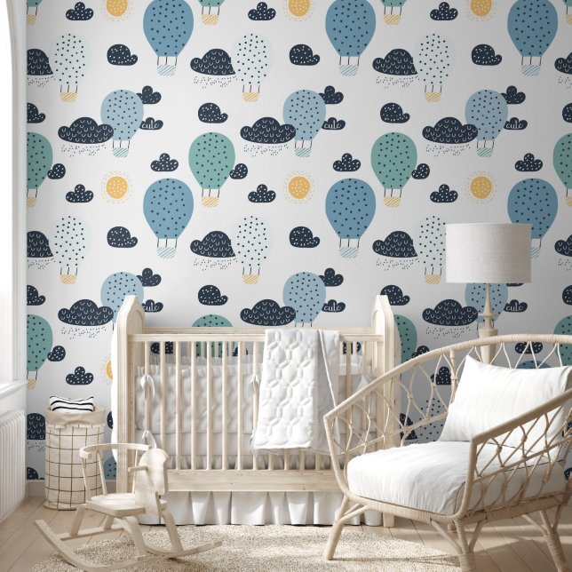 キュートパステルホットエアバルーンインクラウドボーイズ子供部屋 壁紙 (キッズ)