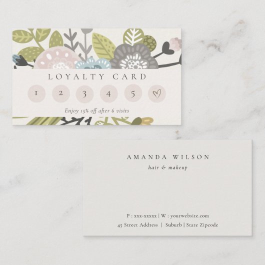 キュートパステルボホ赤面ブルーフローラ6パンチロイヤリティ 名刺 (正面/裏面)