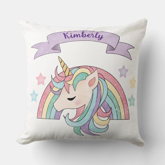 キュートパステルユニコーン&スパークリレインボー名前をカスタムする クッション (正面)