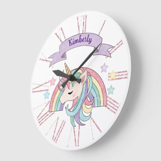 キュートパステルユニコーン&スパークリレインボー名前をカスタムする ラージ壁時計 (傾斜)