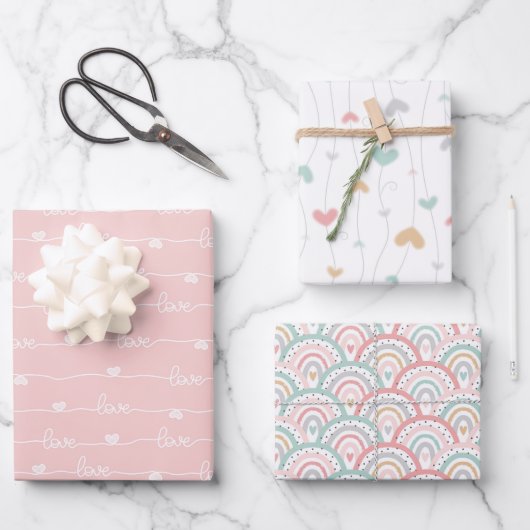 キュートパステルラブハートレインボーラッピング紙 ラッピングペーパーシート (正面)