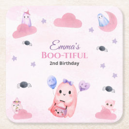 キュートパステル幽霊ウォーターカラーハロウィーン誕生日 スクエアペーパーコースター