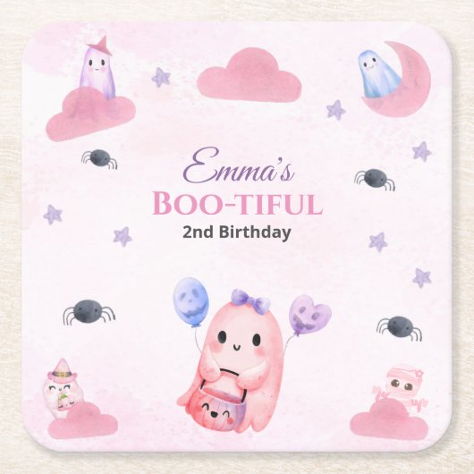 キュートパステル幽霊ウォーターカラーハロウィーン誕生日 スクエアペーパーコースター (正面)