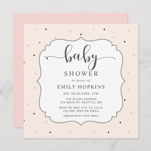 キュートパステル水玉模様ガールベビーシャワースクエア 招待状 (正面/裏面)