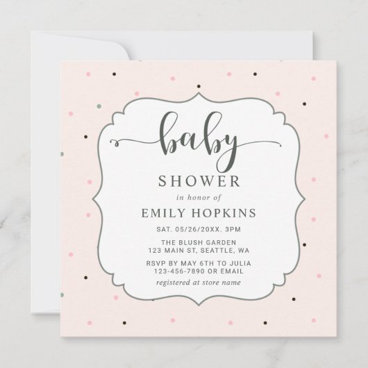 キュートパステル水玉模様ガールベビーシャワースクエア 招待状 (正面)