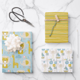 キュートパステル男の赤ちゃんブルーエレファントストークキリン ラッピングペーパーシート