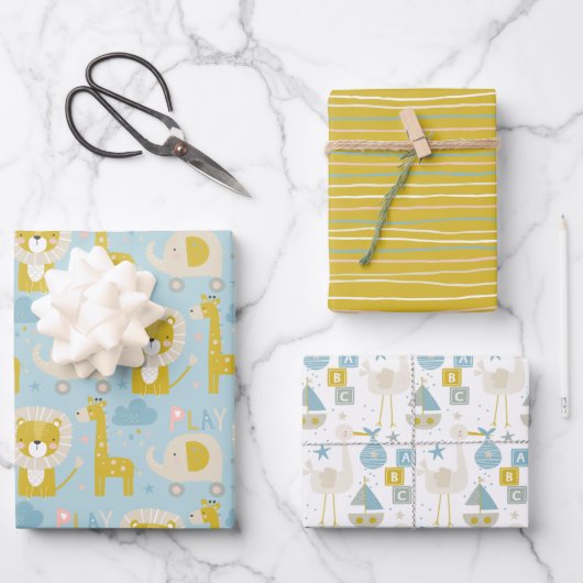 キュートパステル男の赤ちゃんブルーエレファントストークキリン ラッピングペーパーシート (正面)