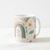キュートパステル赤面ティール(緑がかった色)ボホフラワーズアンドレインボー コーヒーマグカップ (正面右)