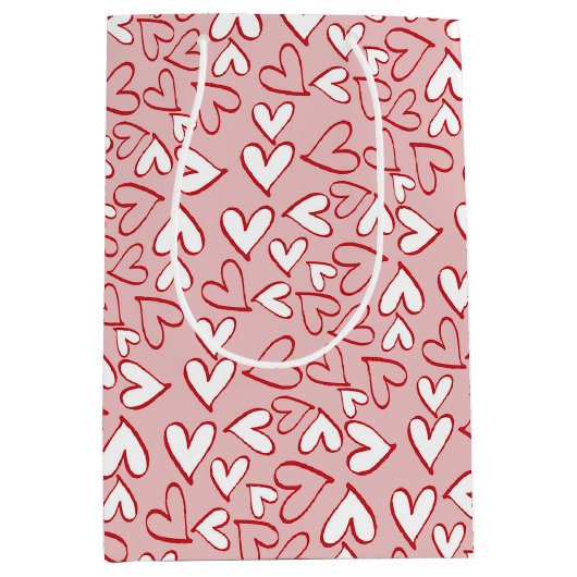 キュートパステル赤面ピンク赤いハートアートパターン ミディアムペーパーバッグ (正面)