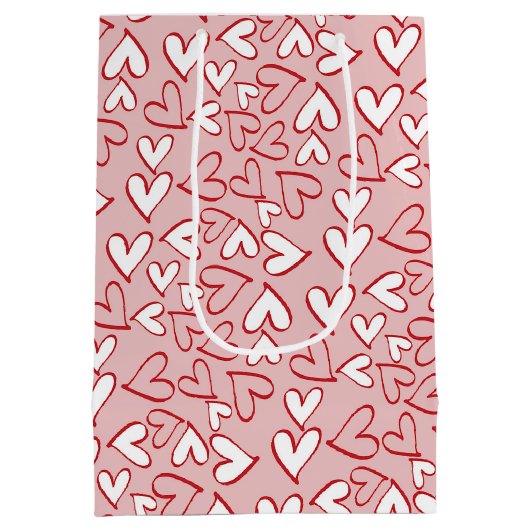 キュートパステル赤面ピンク赤いハートアートパターン ミディアムペーパーバッグ (裏面)