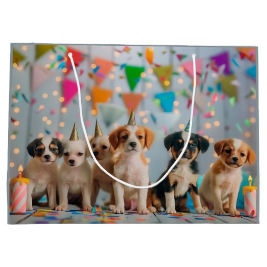 キュートパピースバースデーパーティーお祝いデザイン ラージペーパーバッグ (裏面)