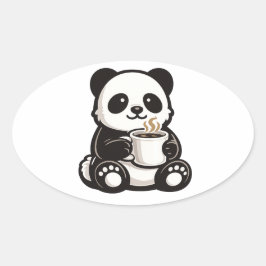 キュートパンダコーヒー – かわいいパンダがコーヒーを持っている 楕円形シール