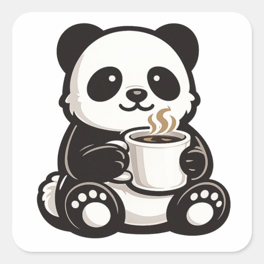 キュートパンダコーヒー – かわいいパンダがコーヒーを持つ スクエアシール (正面)