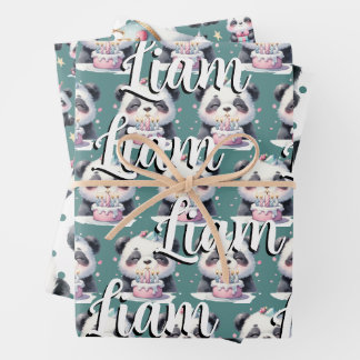 キュートパンダパターン誕生日ボーイグリーン ラッピングペーパーシート