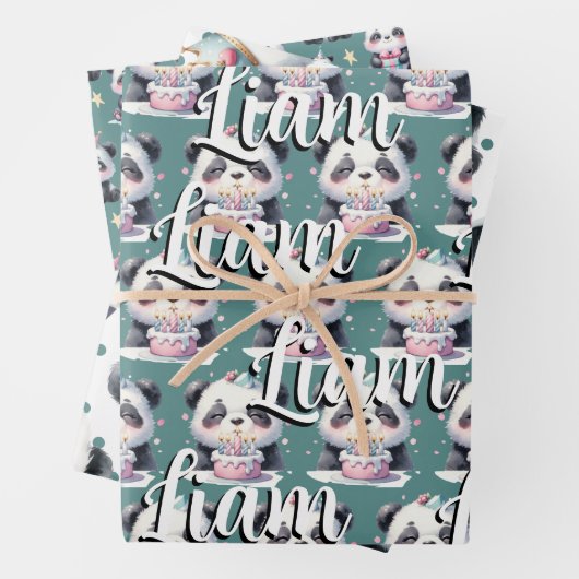 キュートパンダパターン誕生日ボーイグリーン ラッピングペーパーシート (インサイチュ)